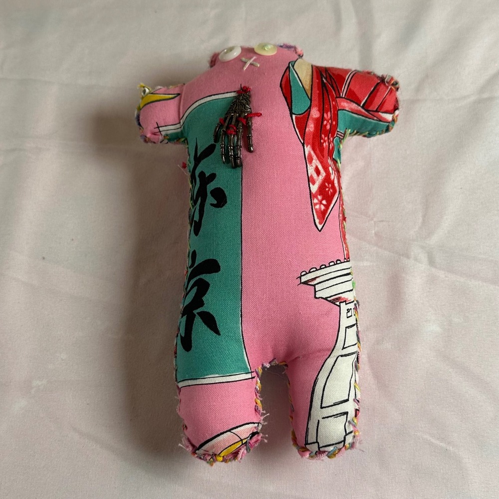 Handmade Anime Pink Plush Art Voodoo Doll Skeleton Hand Charm Japanese Kanji